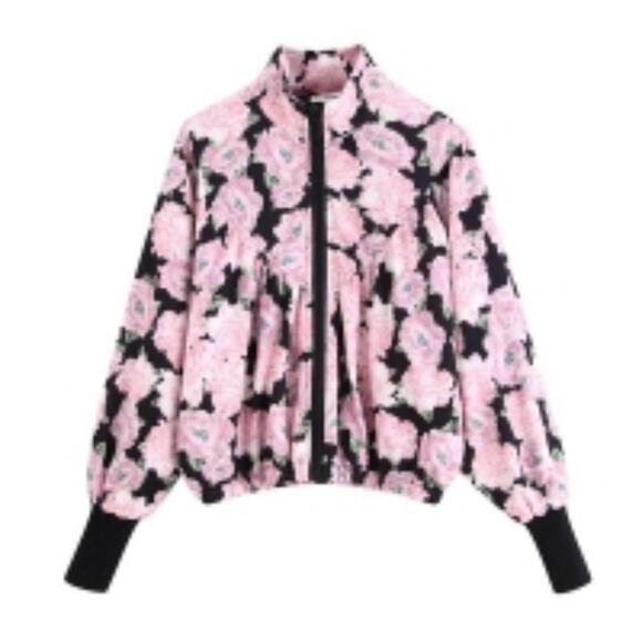 Zara Womens Jacket Full Zip Up Roses Flower Print Elastic Waist Jacket Size L - Picture 2 of 8